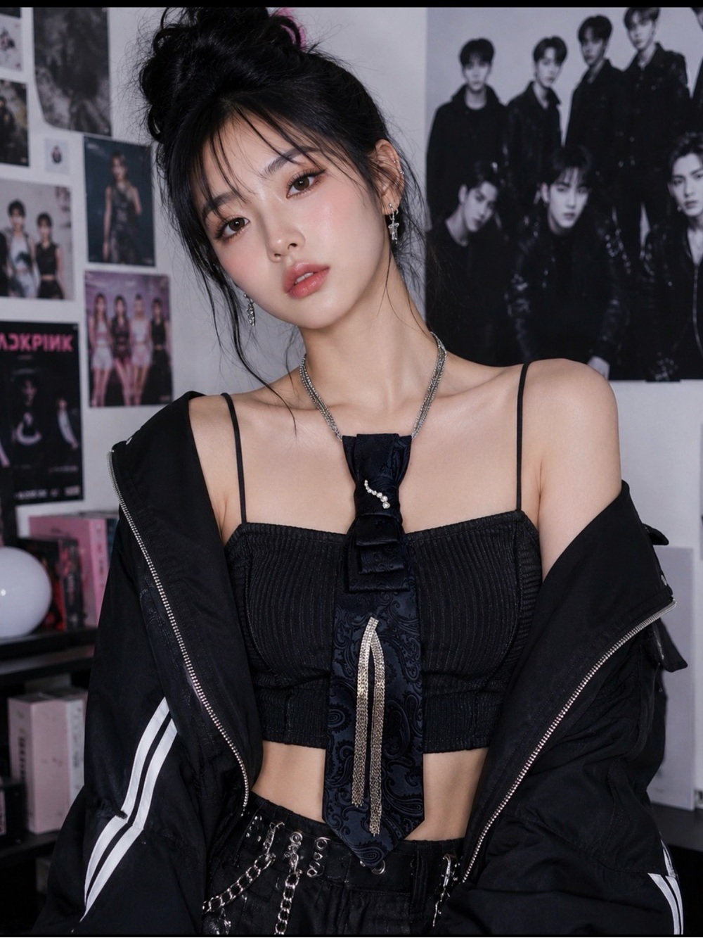 Necktie Necklace Black Brocade Vintage Rhinestone Accent Fringe KPop Festival
